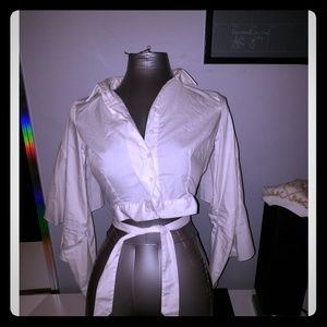 White Long Sleeve Cropped Collar Shirt